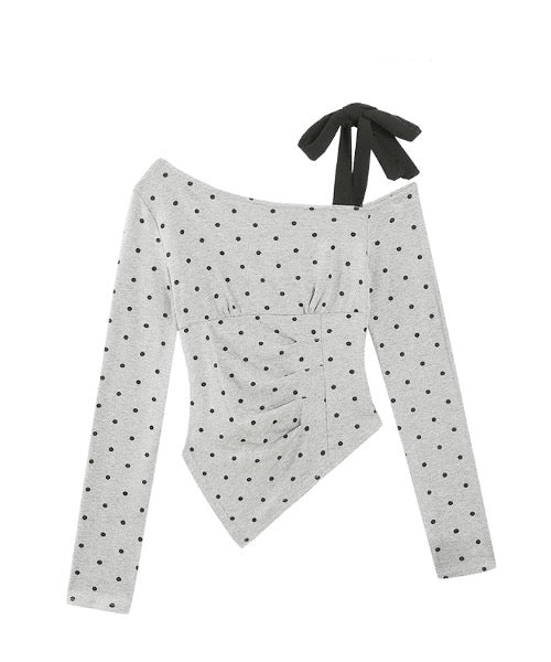 One-shoulder Ribbon Dot Tops / ワンショルダーリボンドットトップス