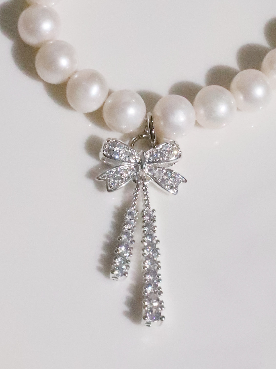 Rhinestone Ribbon Pearl Necklace(SILVER)