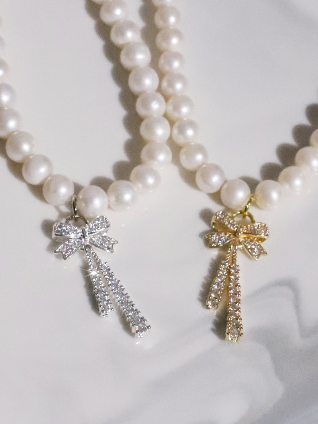 Rhinestone Ribbon Pearl Necklace(SILVER)