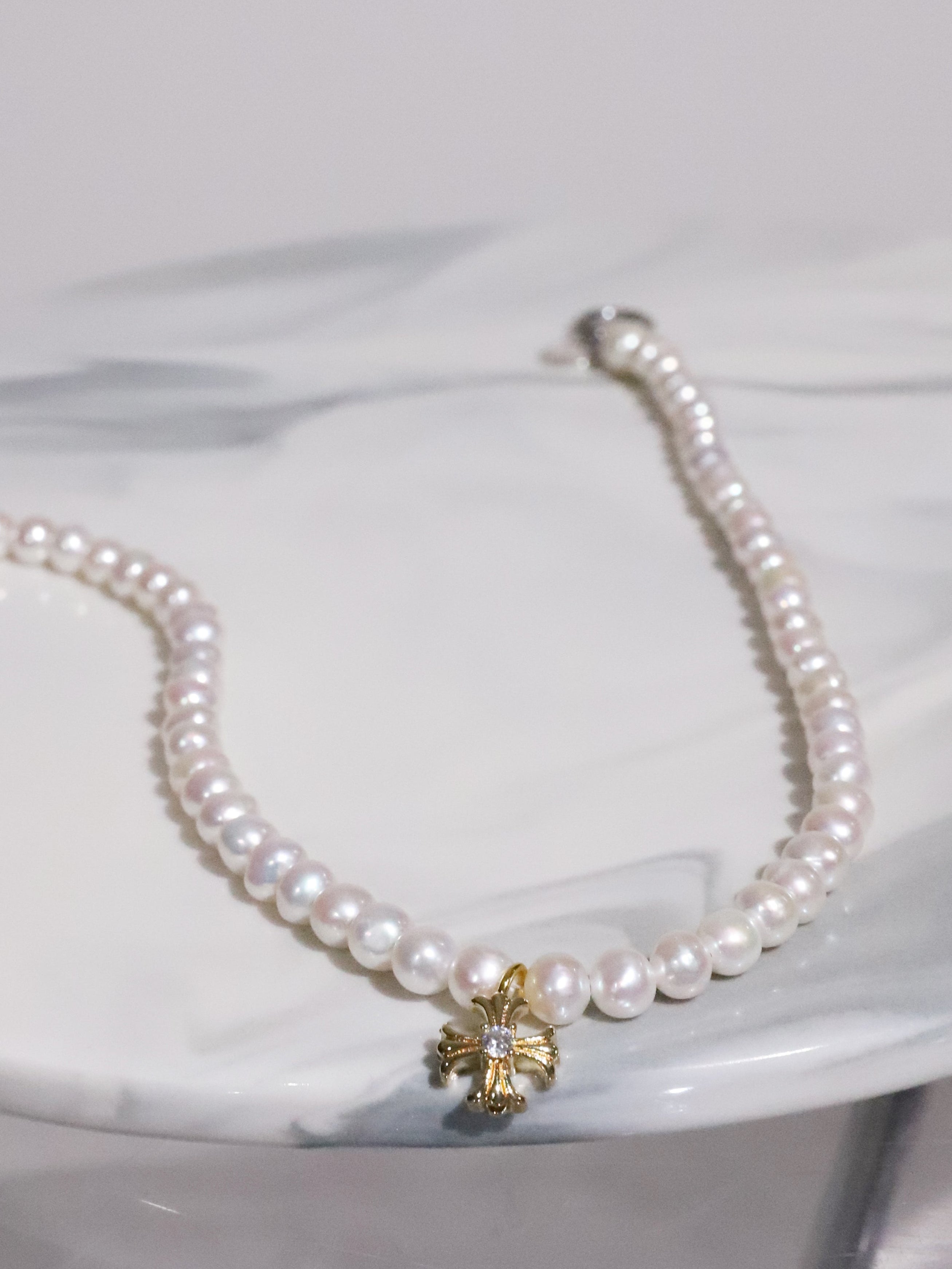 Cross Pearl Necklace(SILVER)(6mm~7mm)
