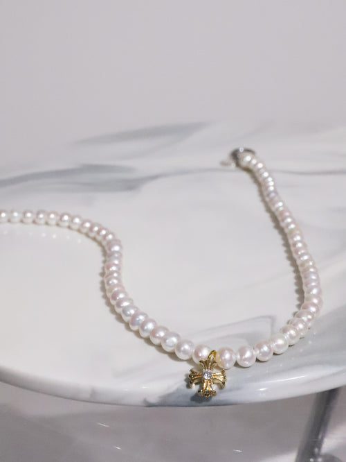 Cross Pearl Necklace(GOLD)(6mm~7mm)