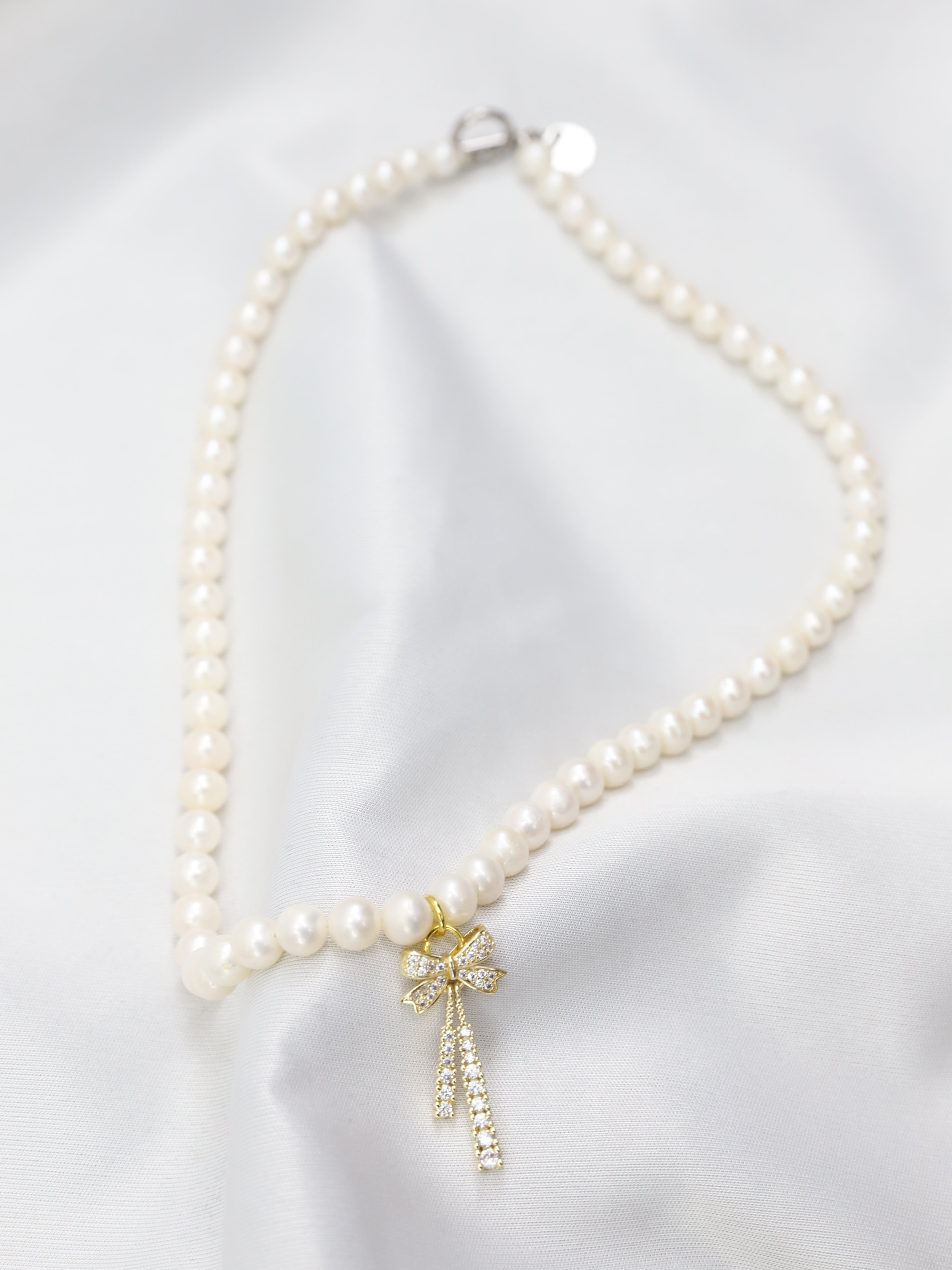 Rhinestone Ribbon Pearl Necklace(GOLD)
