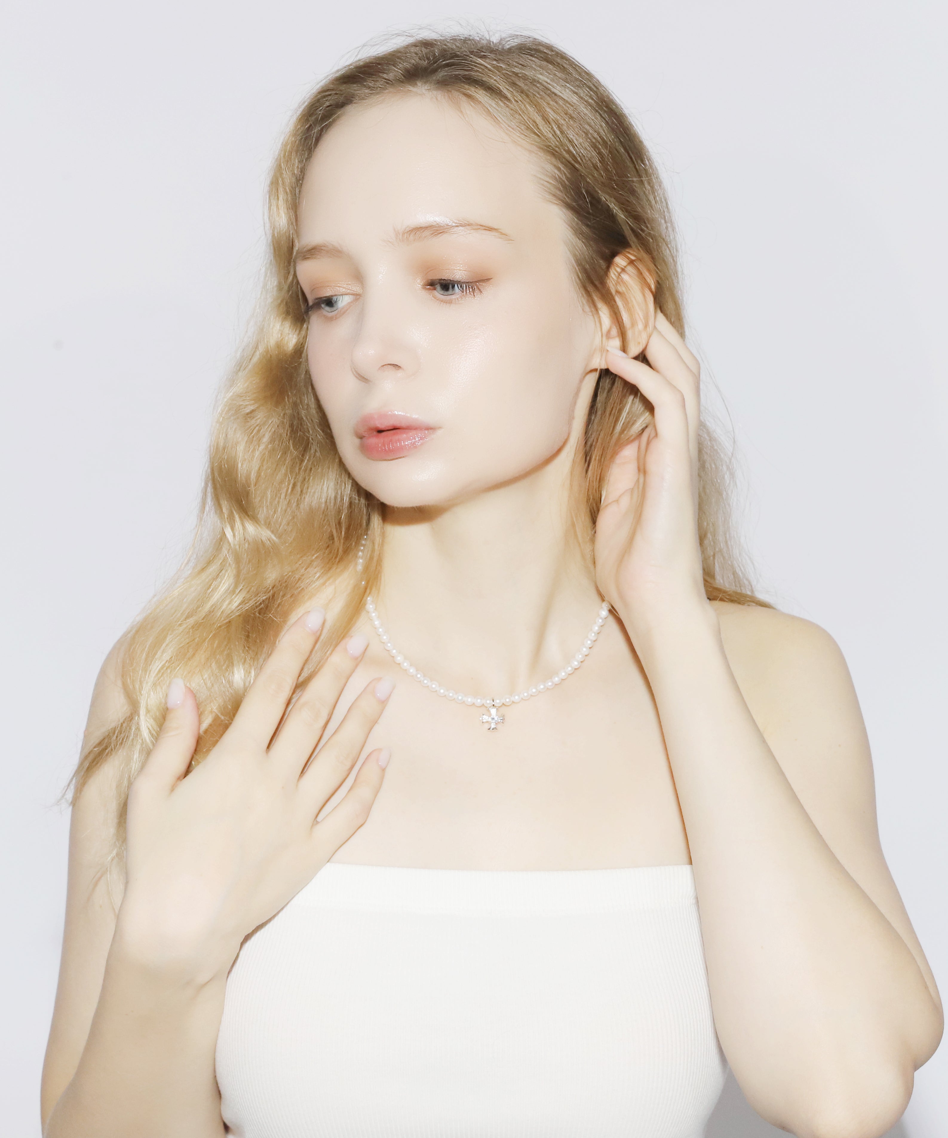 Cross Pearl Necklace(SILVER)(4.5mm~5mm)