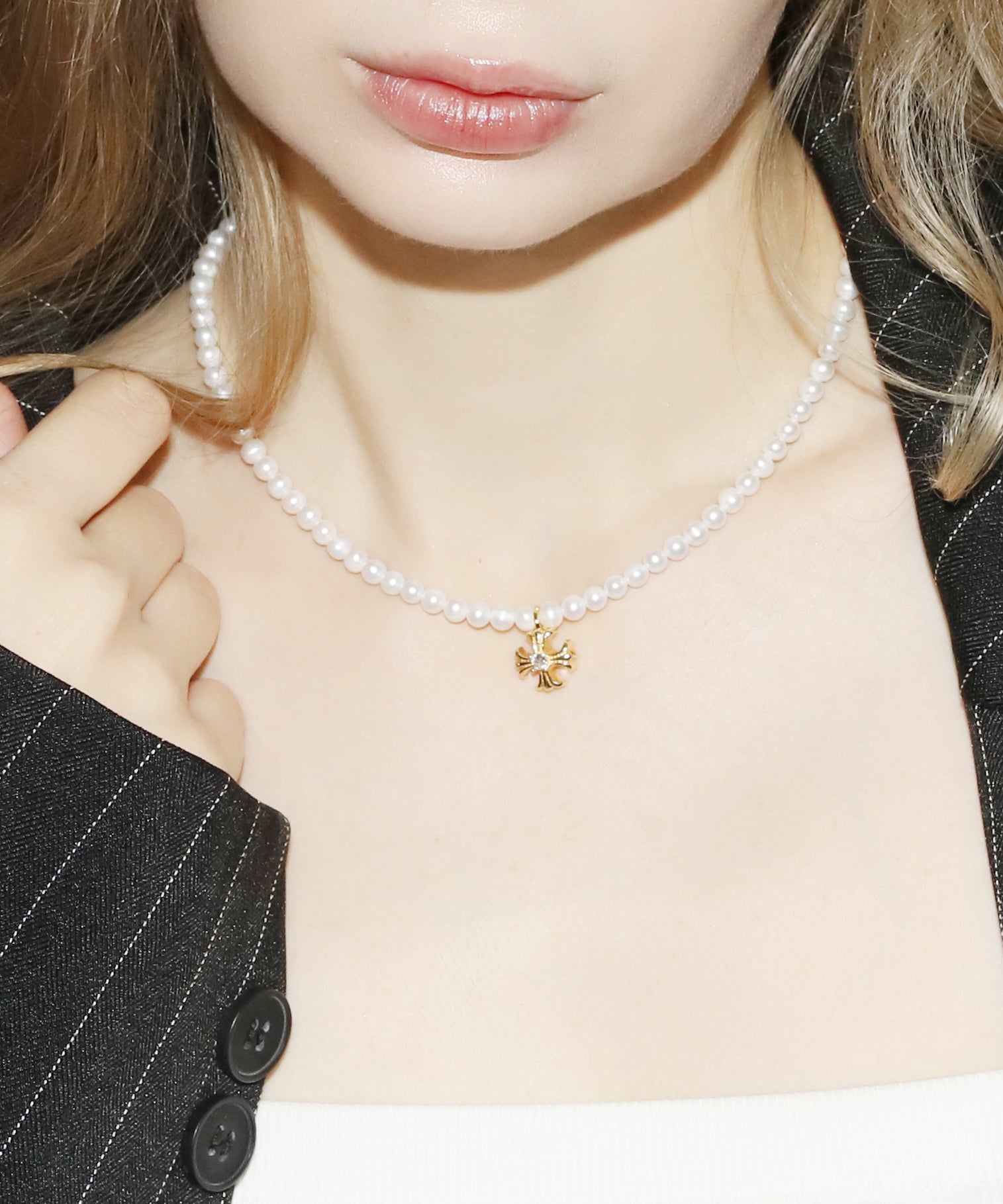 Cross Pearl Necklace(GOLD)(4.5mm~5mm)