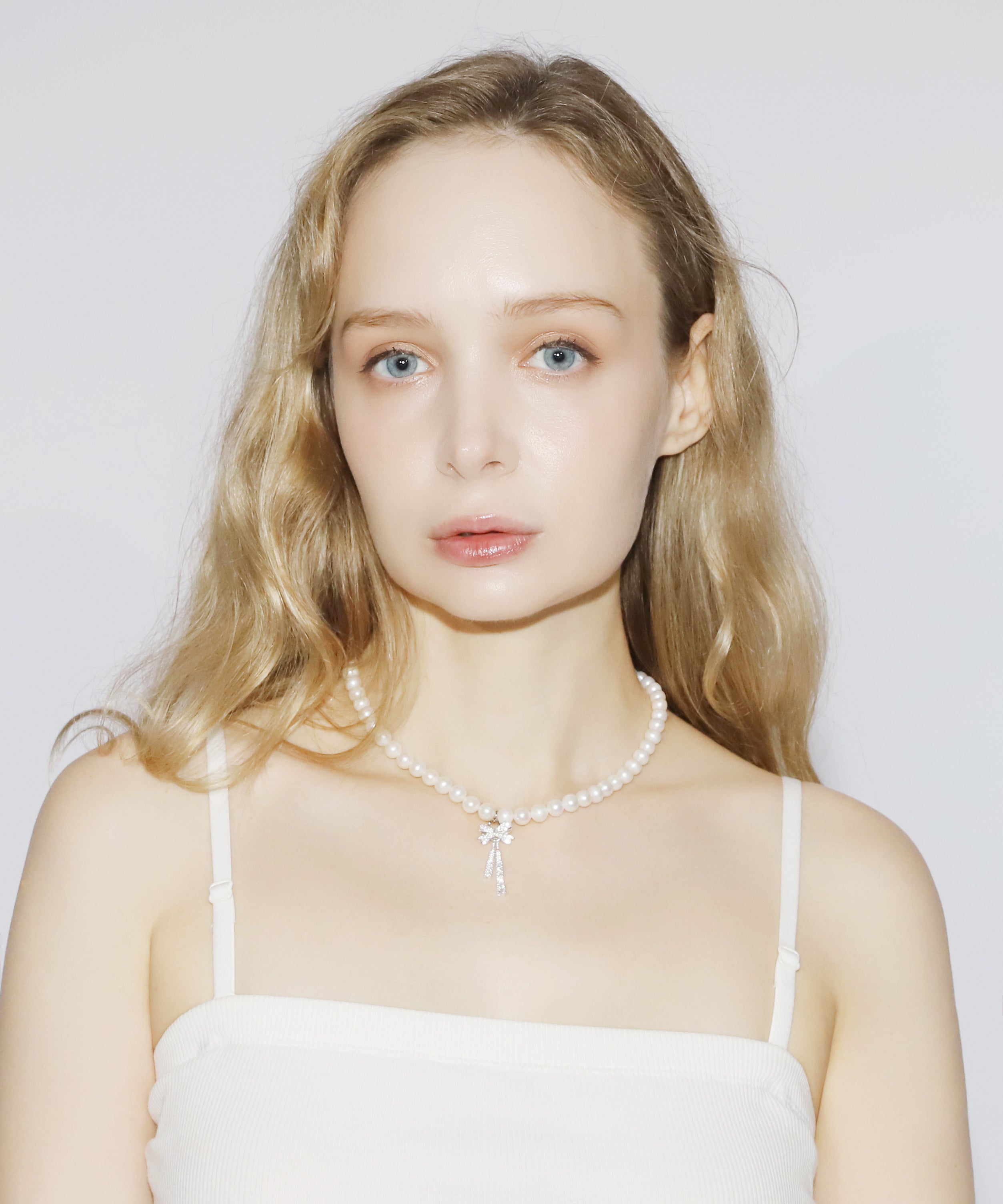 Rhinestone Ribbon Pearl Necklace(SILVER)