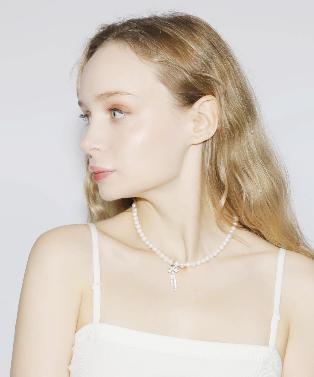 Rhinestone Ribbon Pearl Necklace(SILVER)