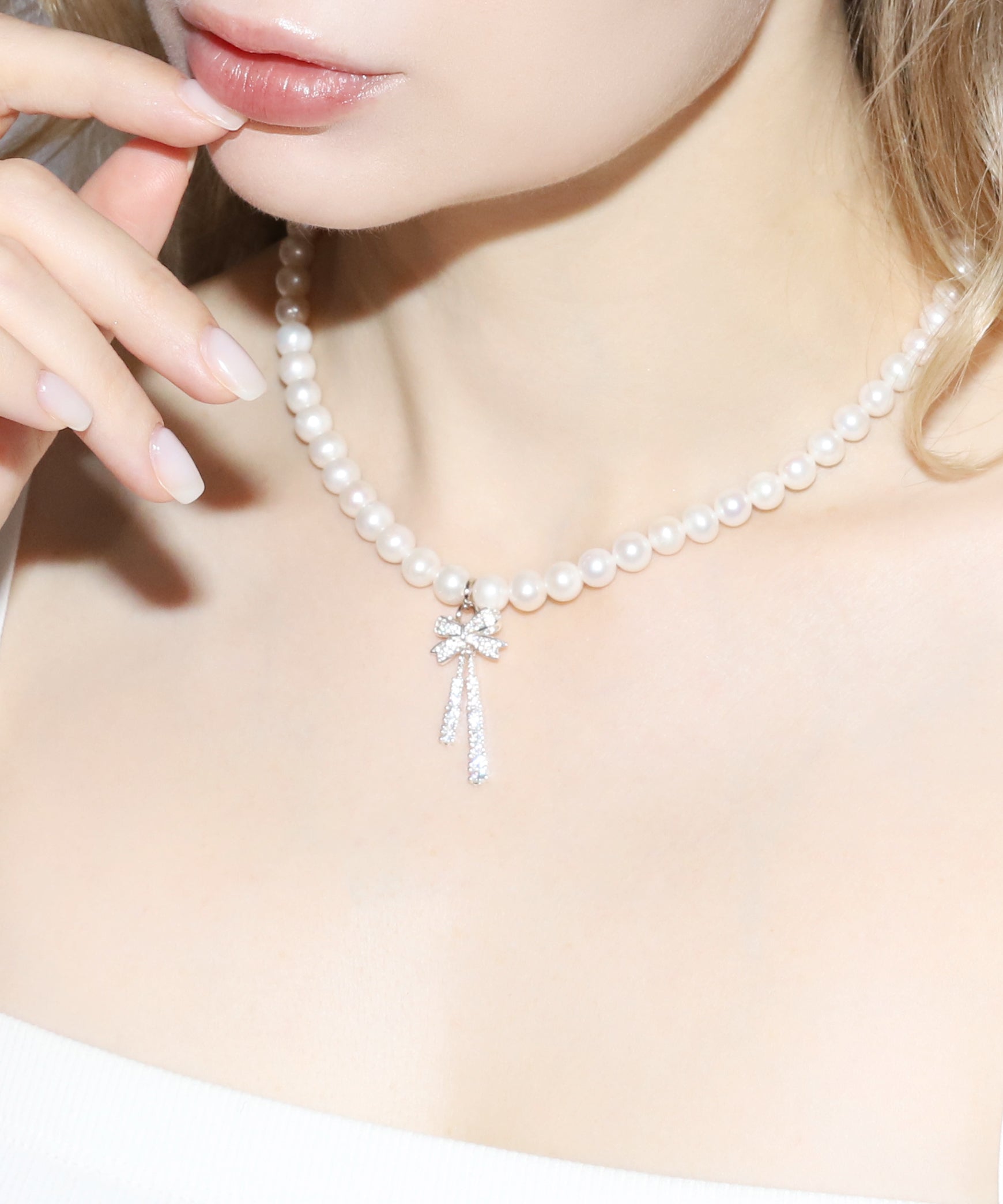 Rhinestone Ribbon Pearl Necklace(SILVER)