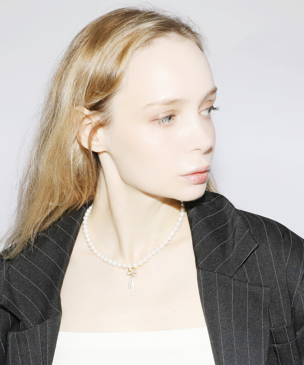 Rhinestone Ribbon Pearl Necklace(GOLD)