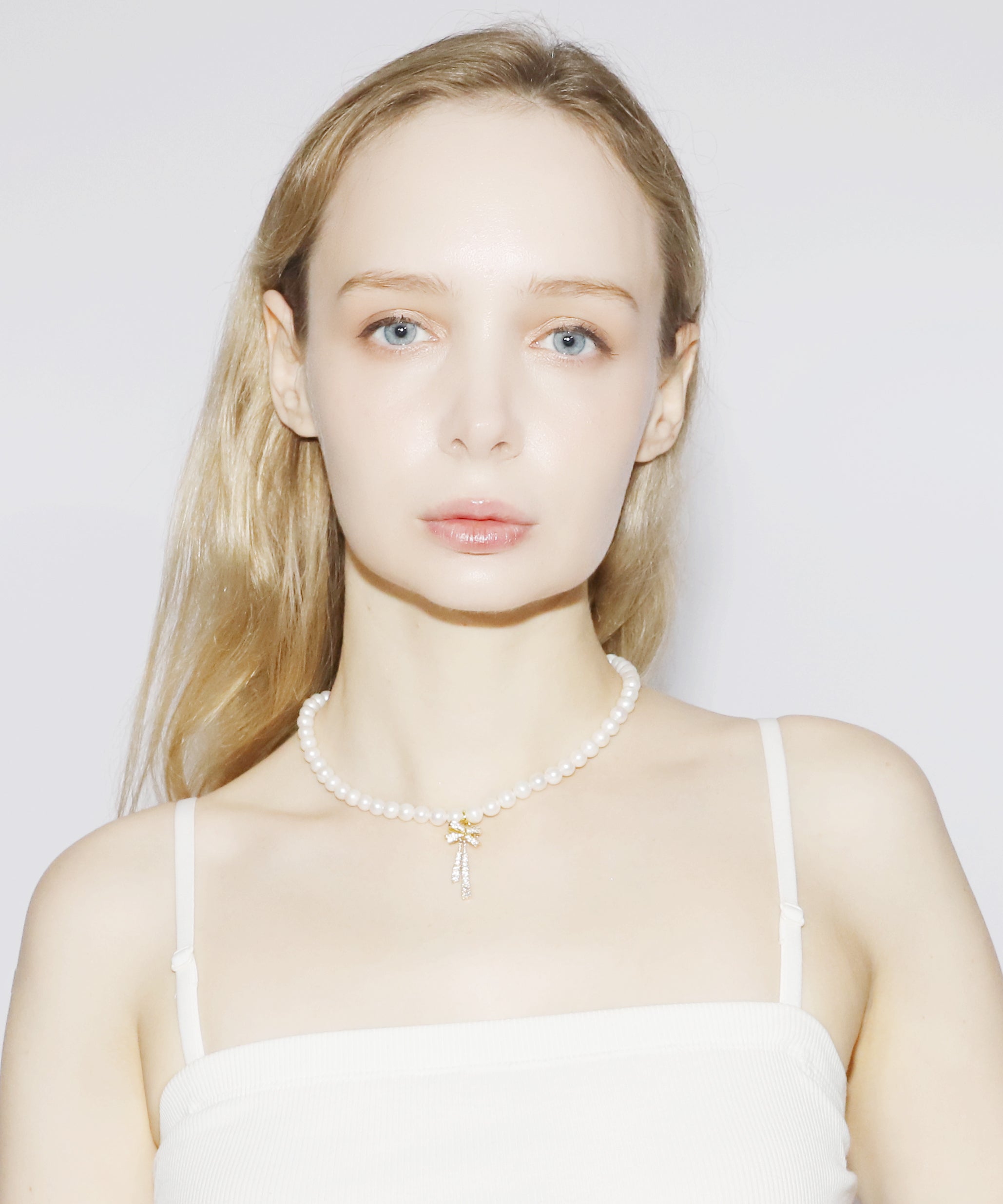 Rhinestone Ribbon Pearl Necklace(GOLD)