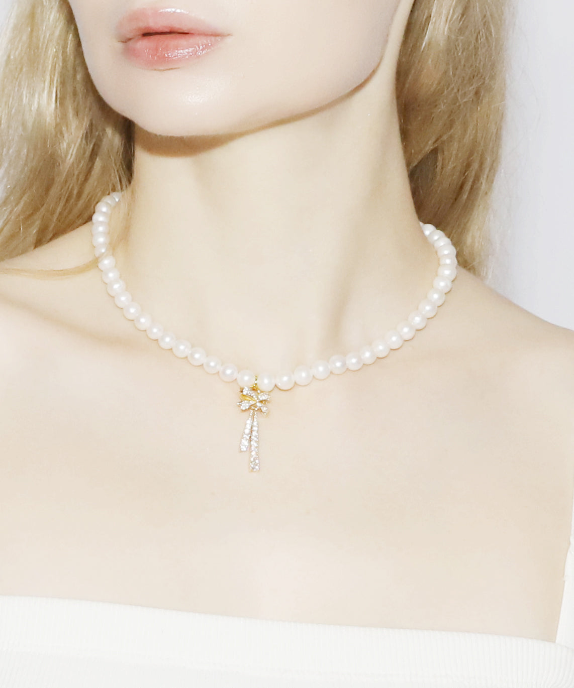 Rhinestone Ribbon Pearl Necklace(GOLD)