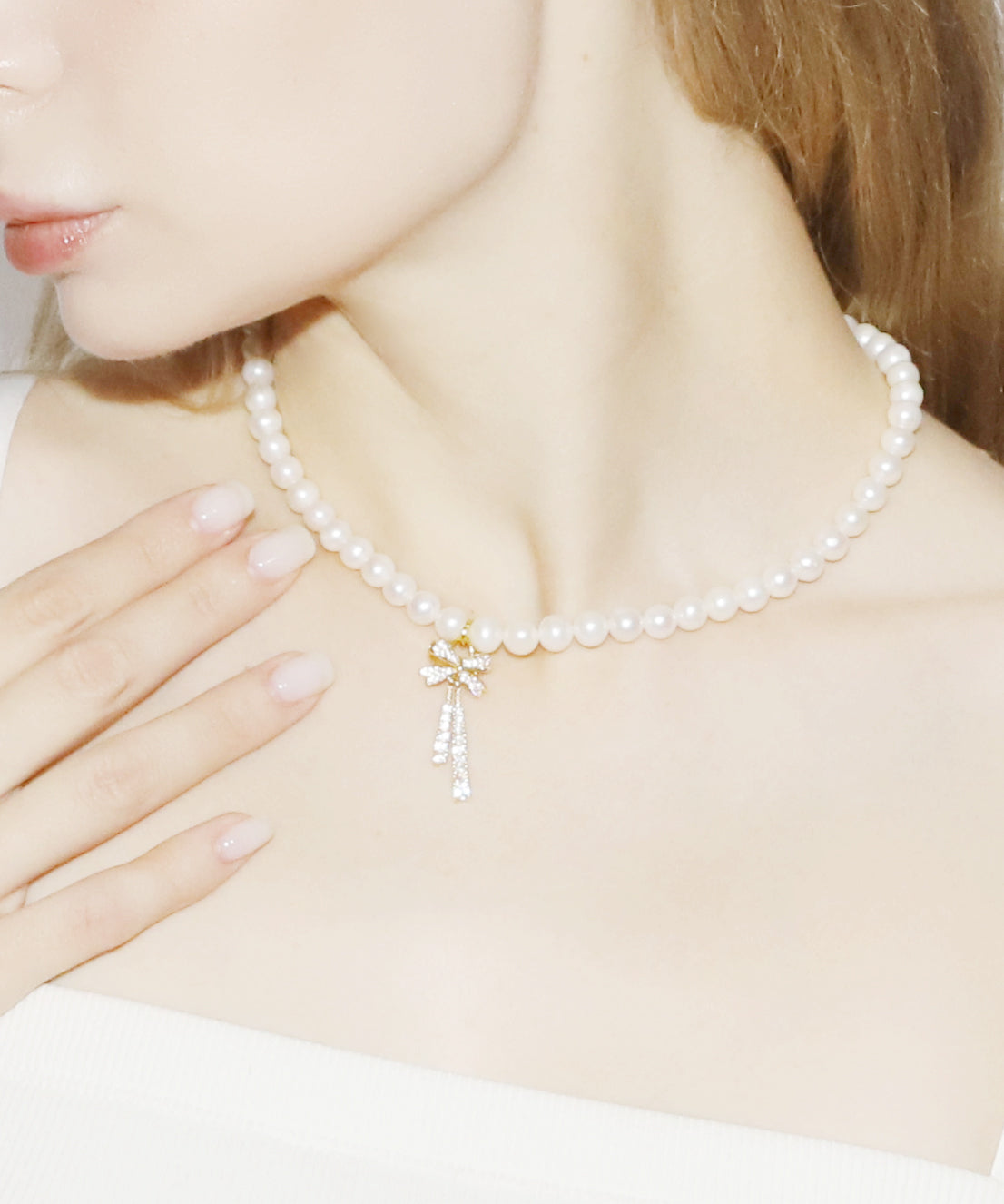 Rhinestone Ribbon Pearl Necklace(GOLD)