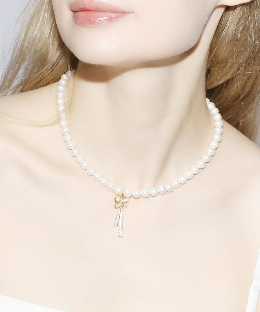 Rhinestone Ribbon Pearl Necklace(GOLD)
