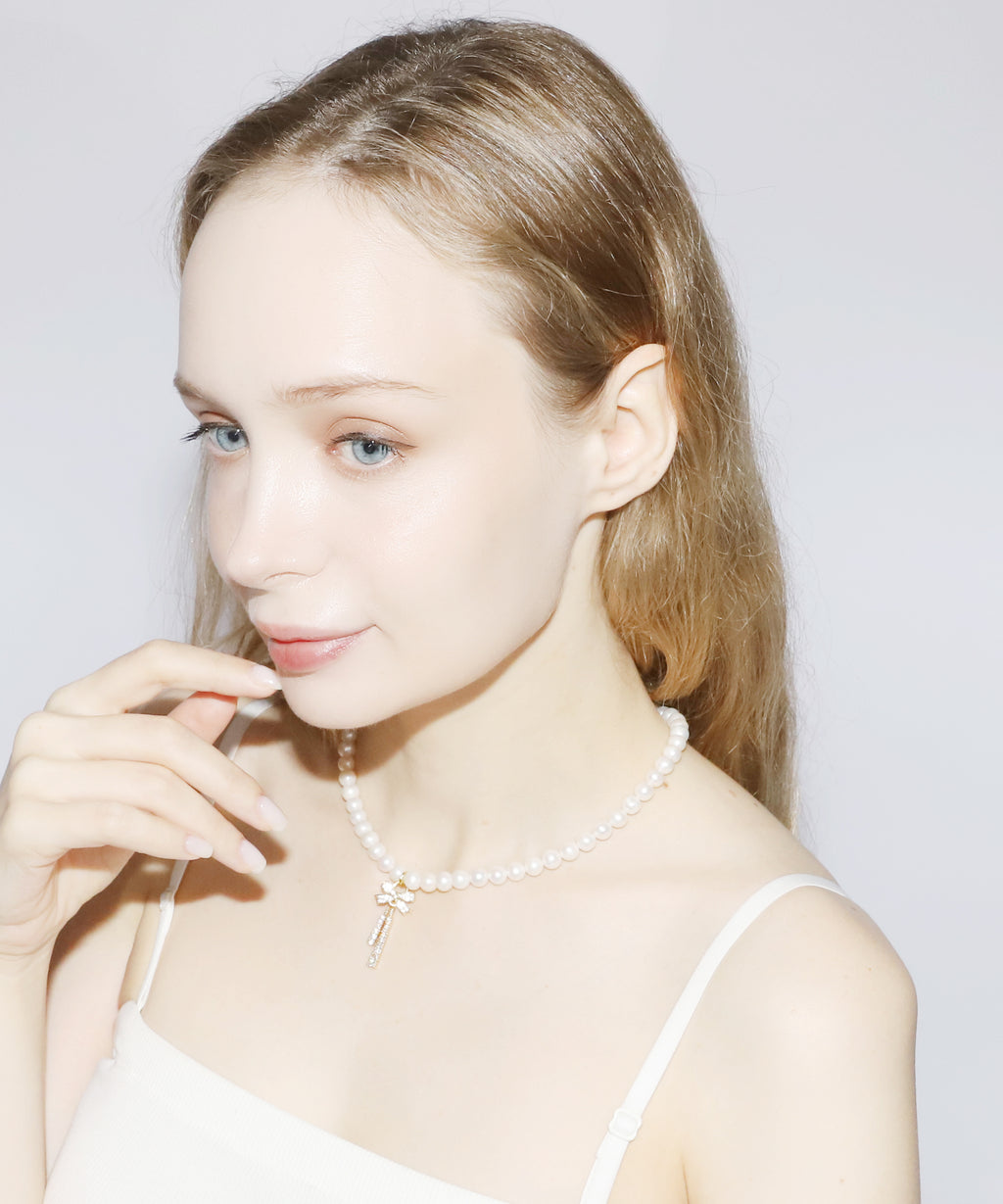 Rhinestone Ribbon Pearl Necklace(GOLD)