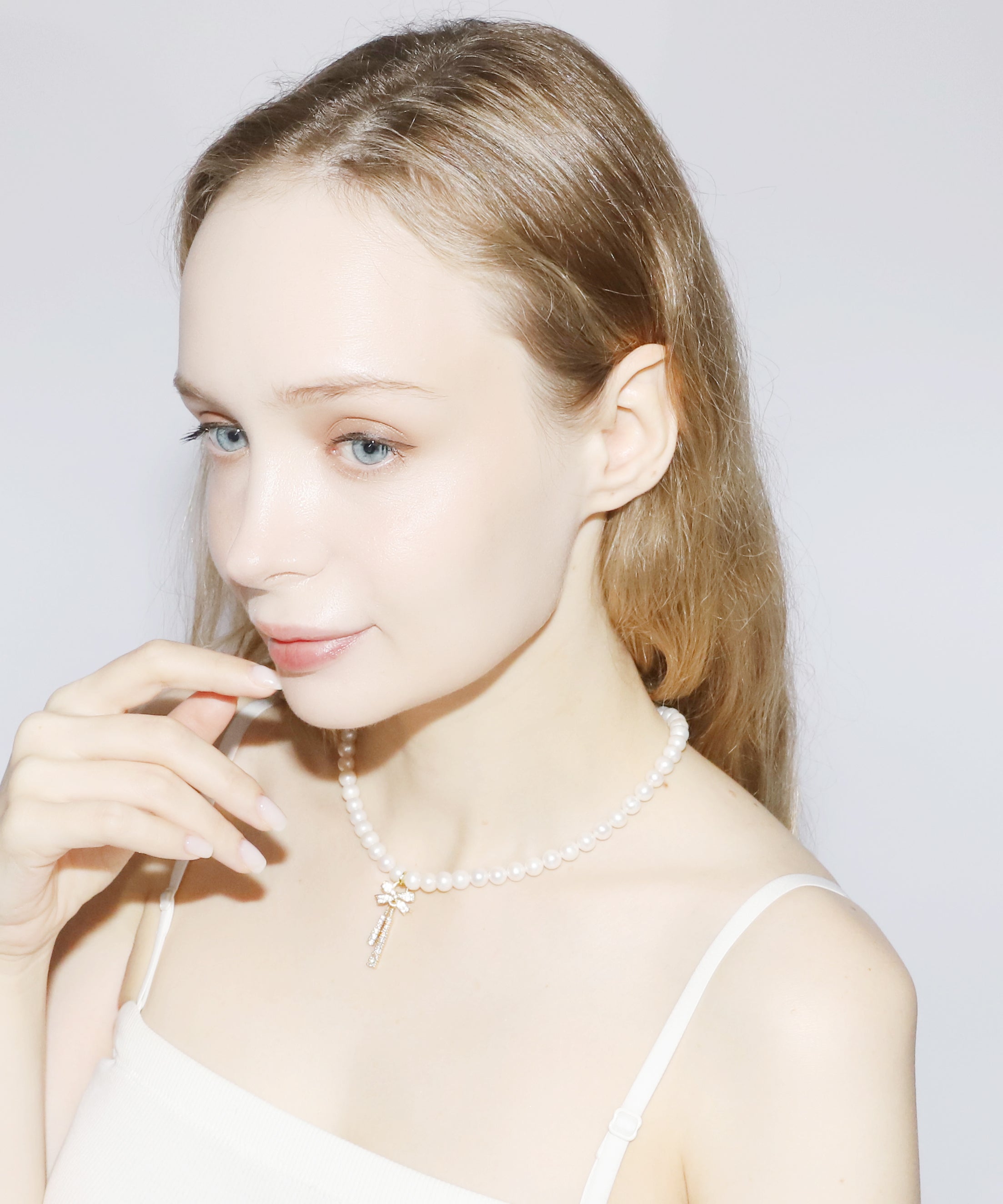 Rhinestone Ribbon Pearl Necklace(GOLD)