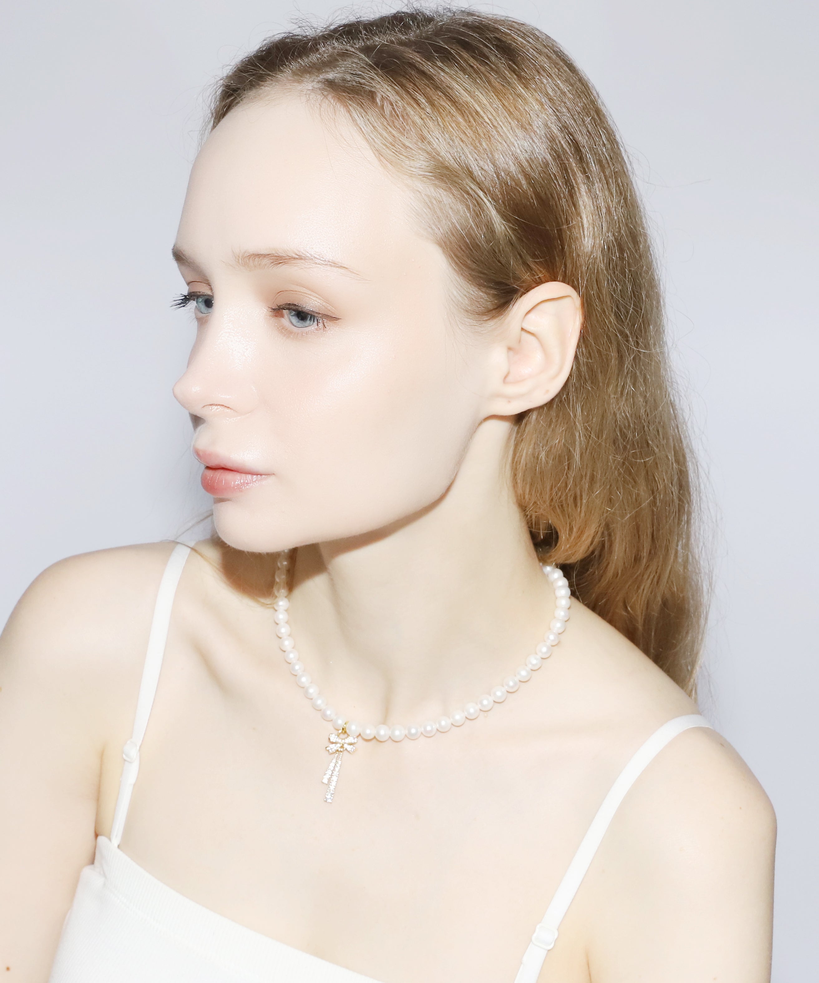Rhinestone Ribbon Pearl Necklace(GOLD)