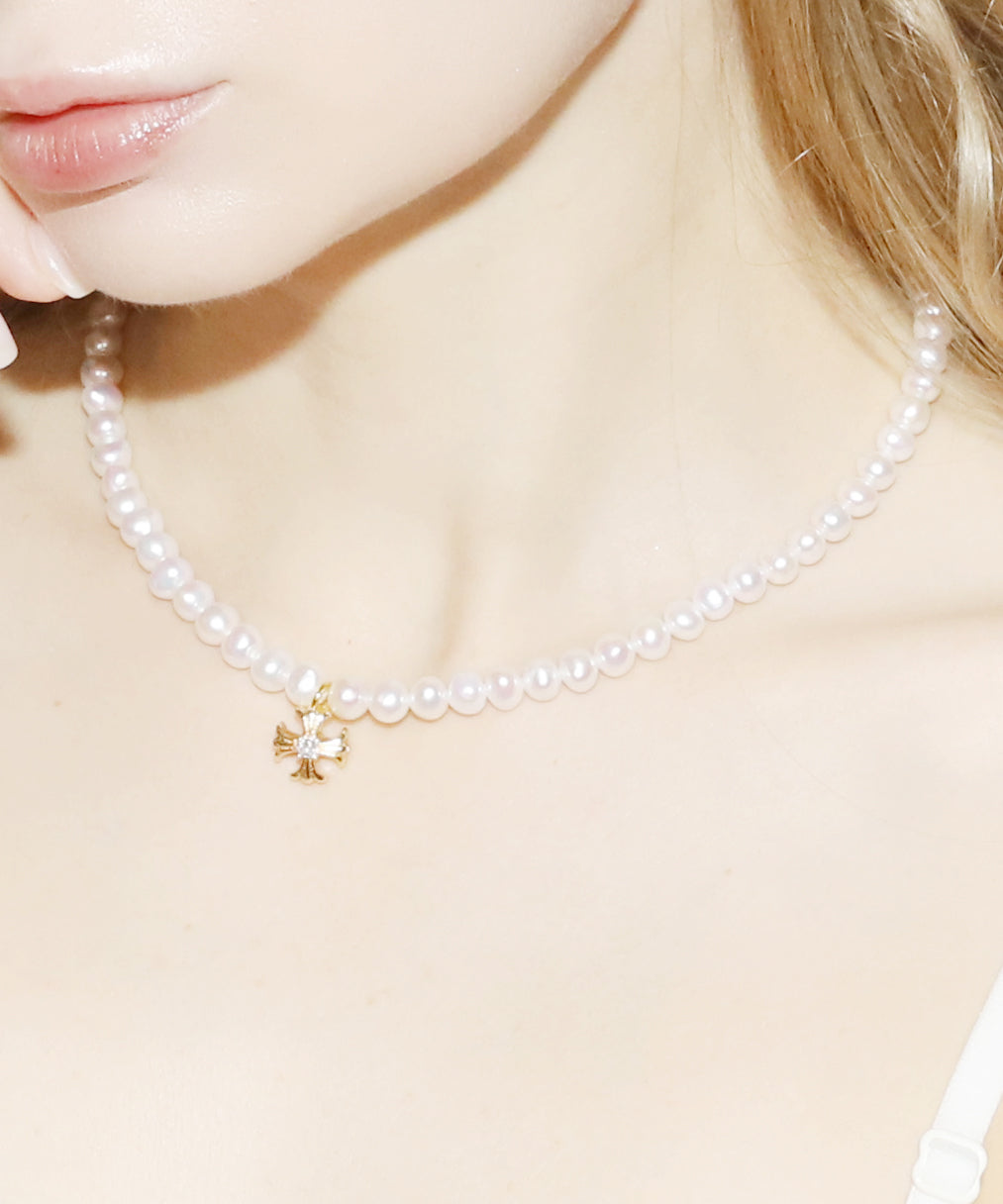 Cross Pearl Necklace(GOLD)(6mm~7mm)