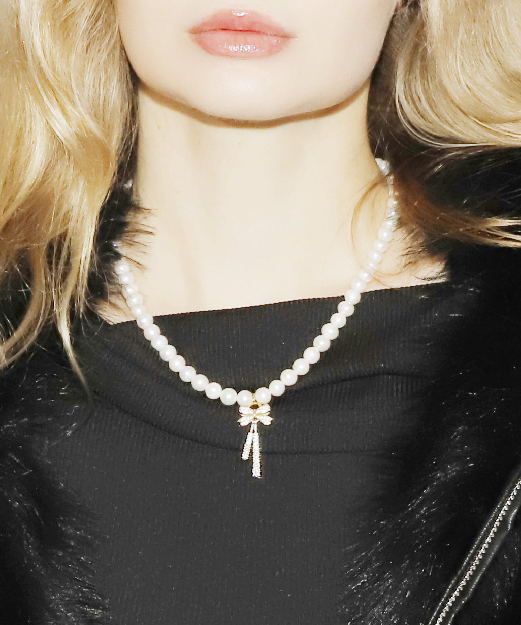 Rhinestone Ribbon Pearl Necklace(GOLD)