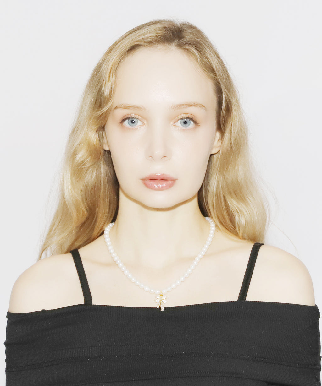 Rhinestone Ribbon Pearl Necklace(GOLD)