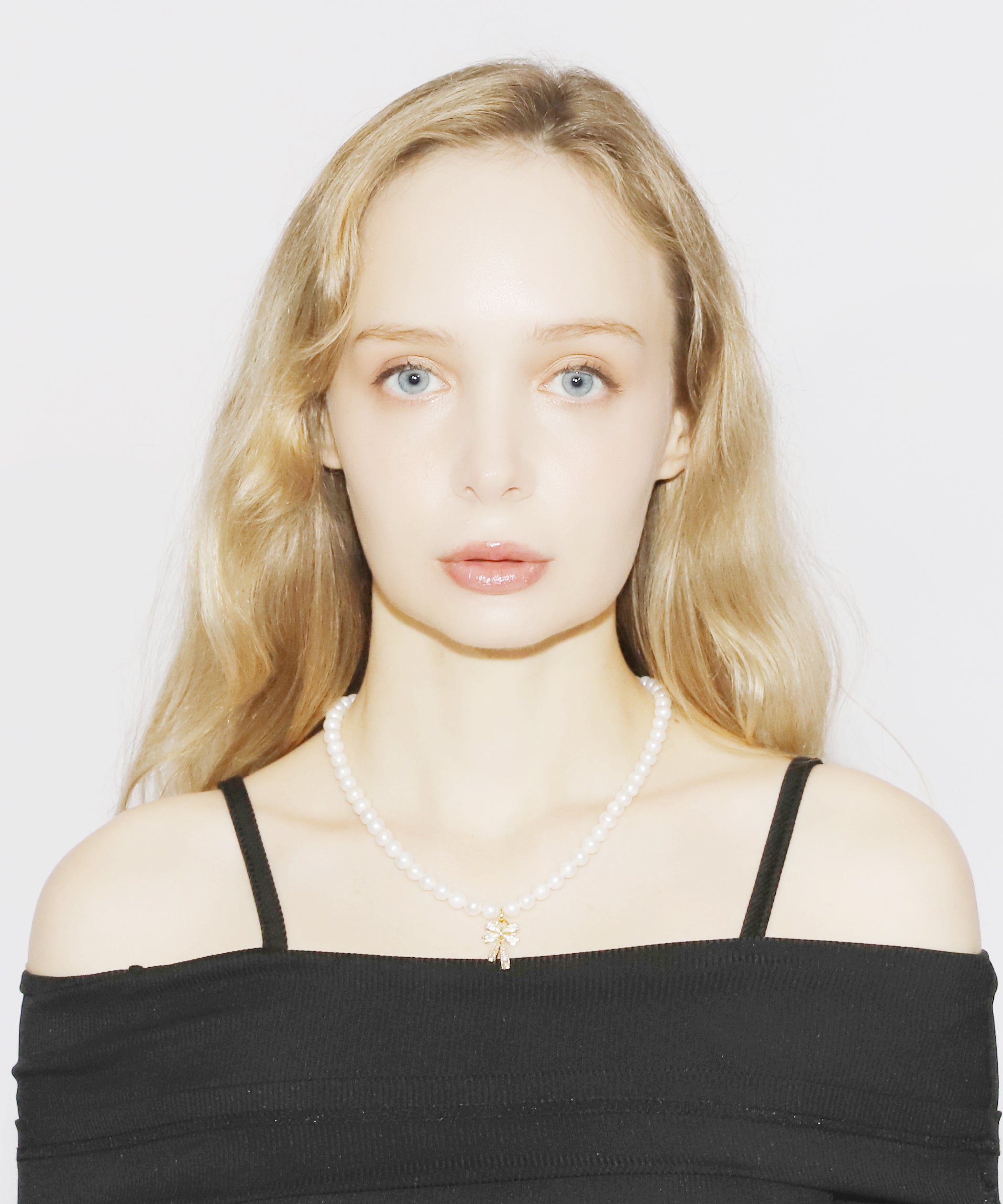 Rhinestone Ribbon Pearl Necklace(GOLD)