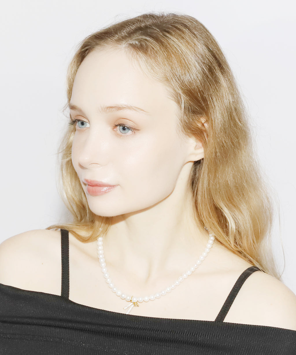 Rhinestone Ribbon Pearl Necklace(GOLD)