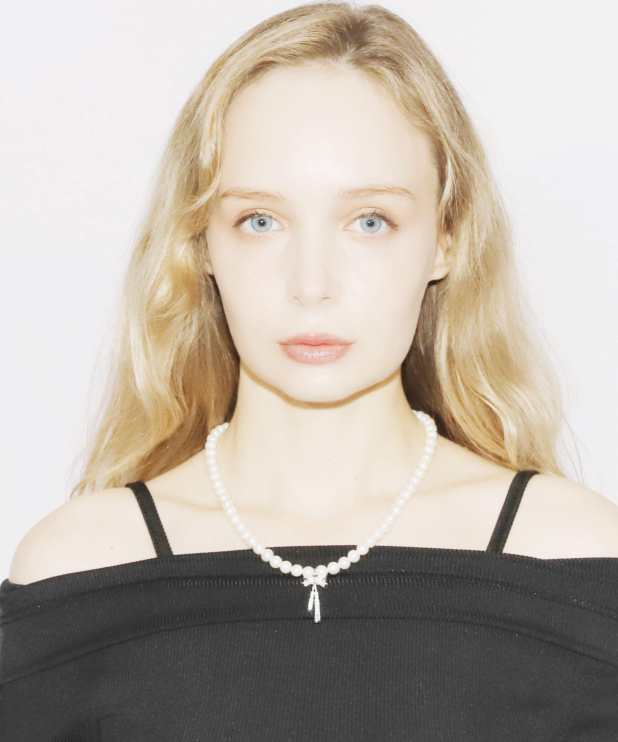 Rhinestone Ribbon Pearl Necklace(SILVER)
