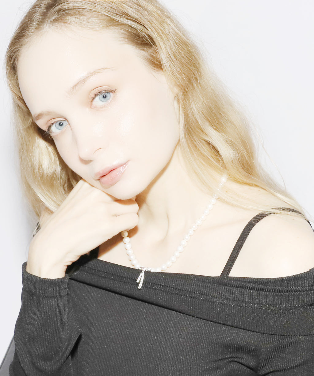 Rhinestone Ribbon Pearl Necklace(SILVER)