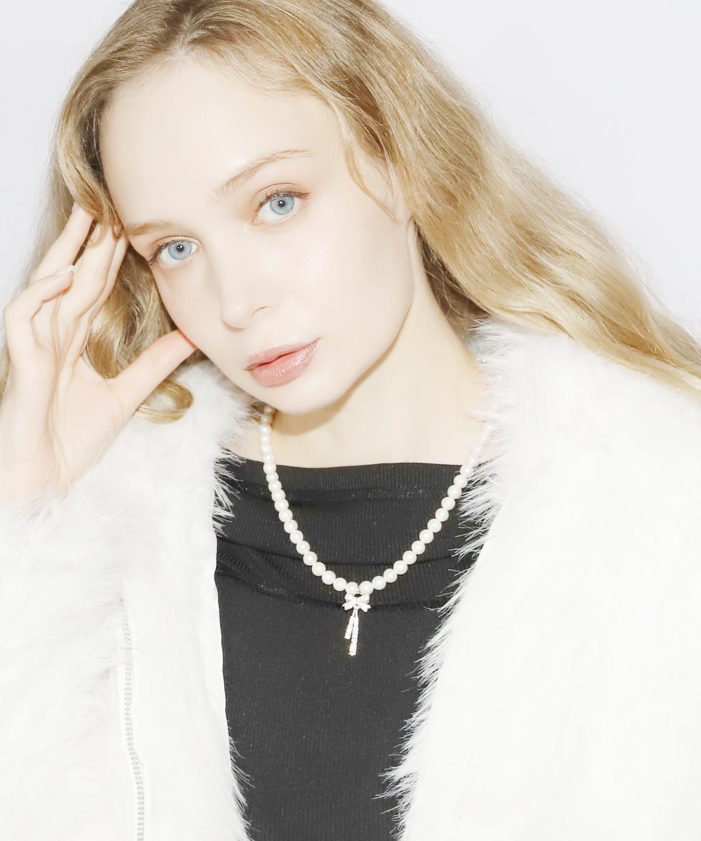 Rhinestone Ribbon Pearl Necklace(SILVER)