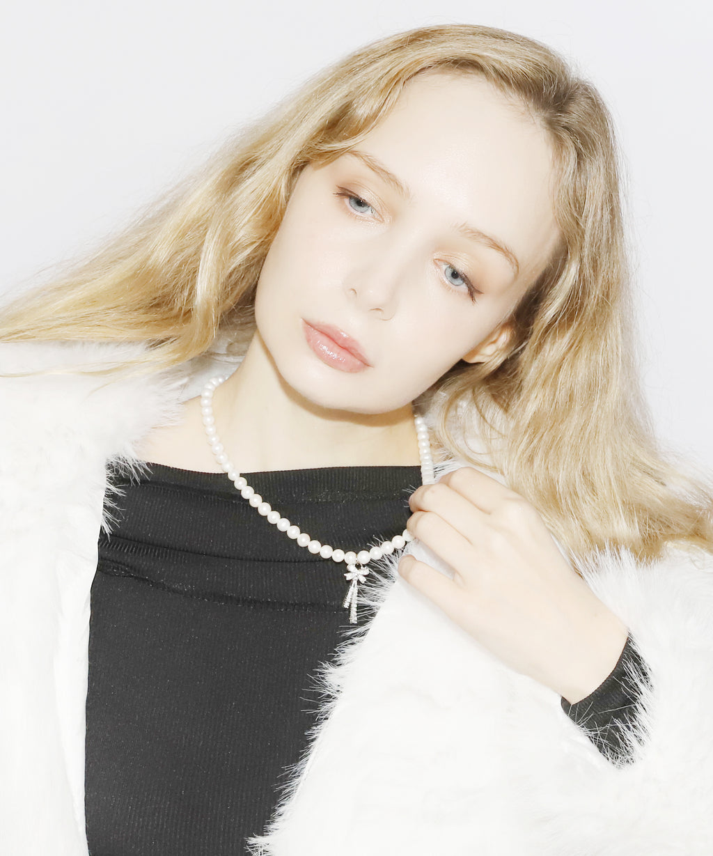 Rhinestone Ribbon Pearl Necklace(SILVER)
