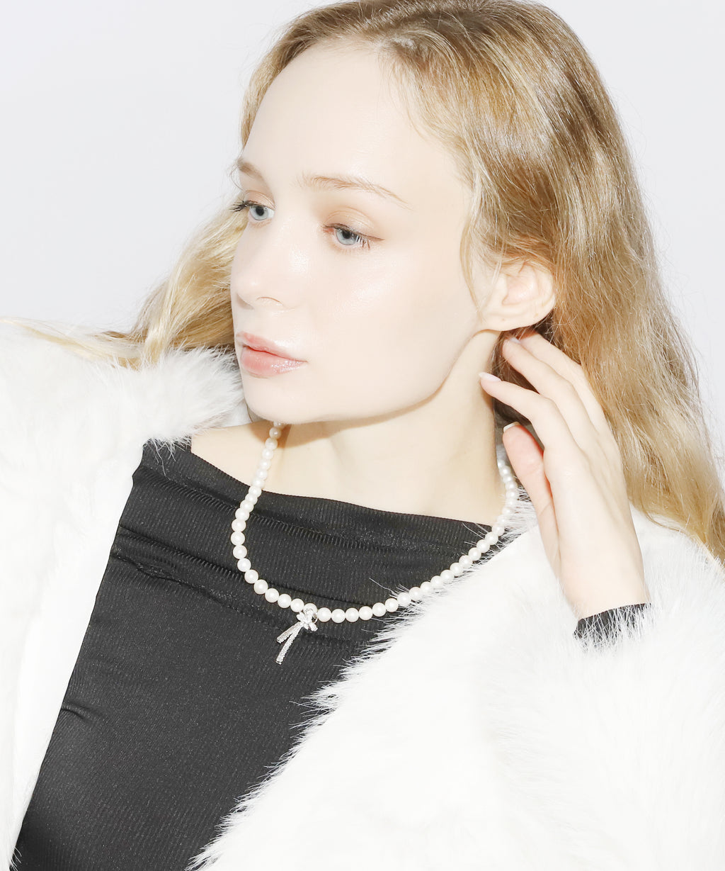 Rhinestone Ribbon Pearl Necklace(SILVER)