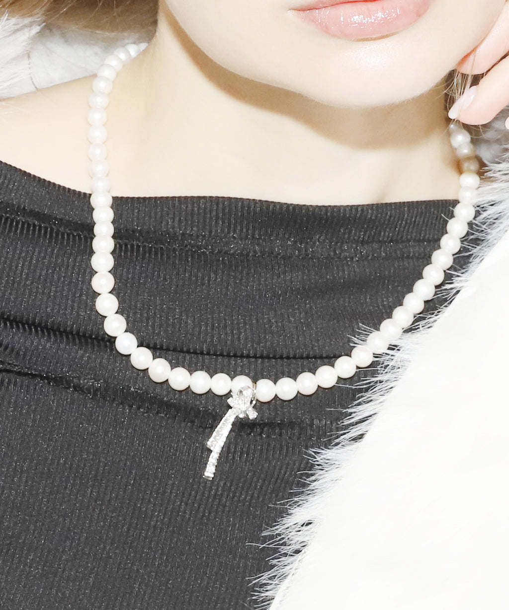 Rhinestone Ribbon Pearl Necklace(SILVER)