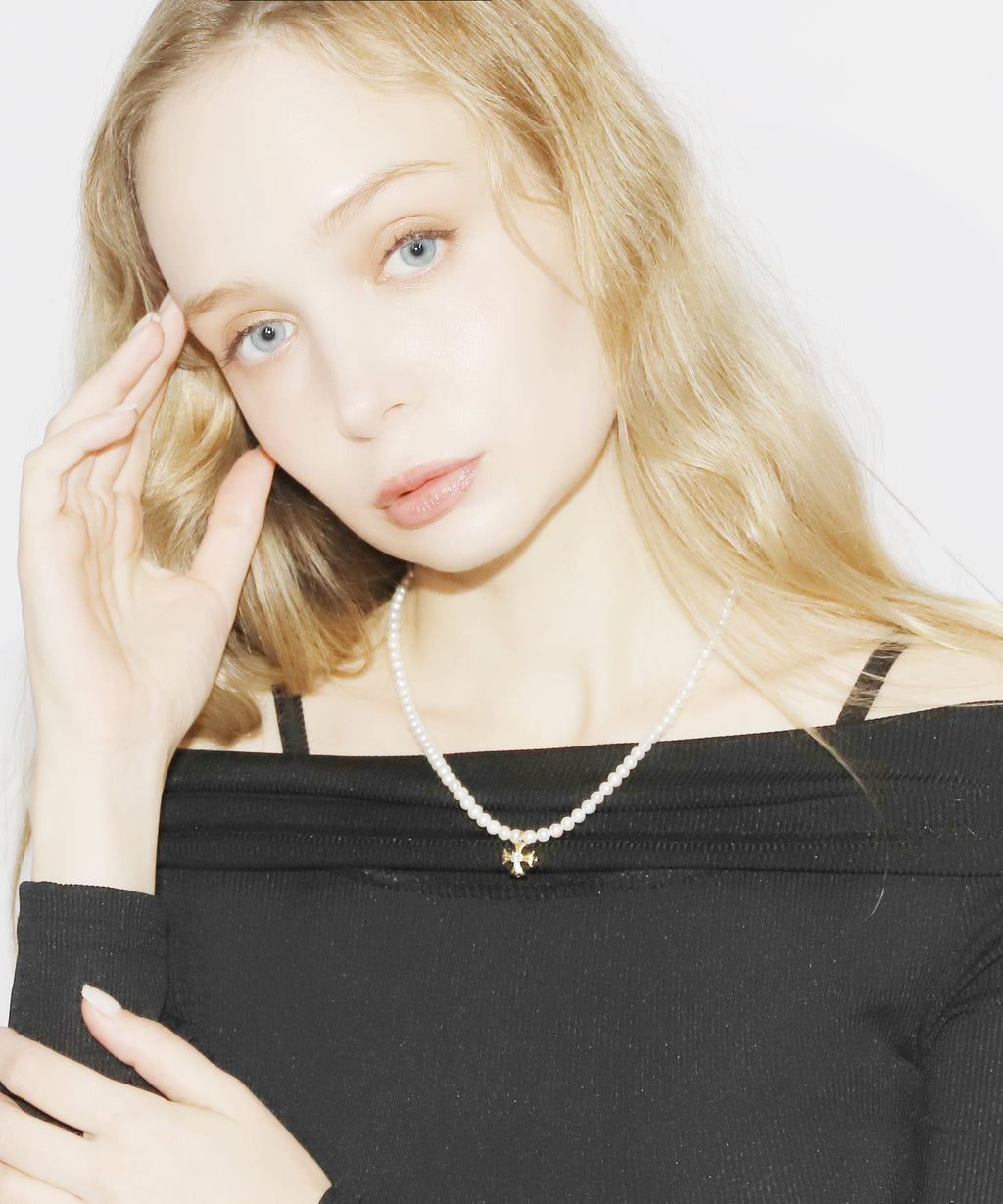 Cross Pearl Necklace(GOLD)(6mm~7mm)